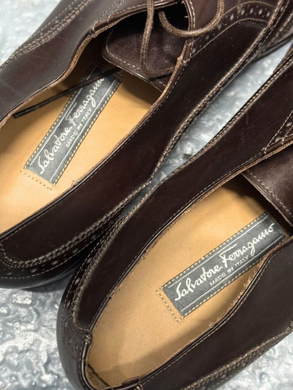 SALVATORE FERRAGAMO TRAMEZZA Dark Brown Brogue Wingtip Leather Shoes Sz 10.5 EE - Picture 11 of 13